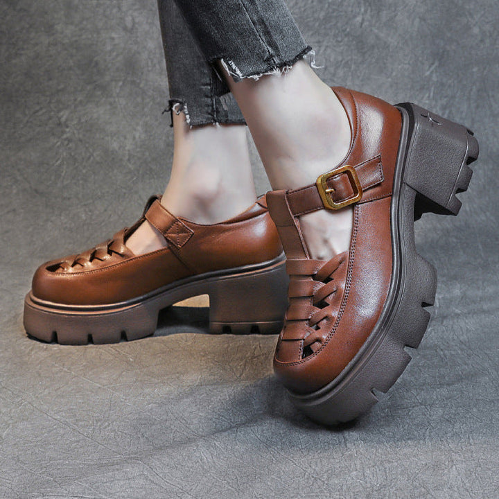 Women's Genuine Leather Fisherman Sandals - Chunky High Heel & Closed Toe Design