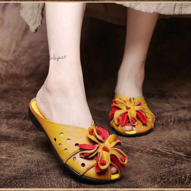 Women's Leather Mules - Retro Hollow Out Summer Sandals with Floral Detail, Slip-on Round Toe Flat Shoes