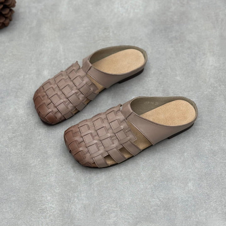 Women's Artisanal Square Toe Leather Woven Mules - Lightweight Unlined Flats