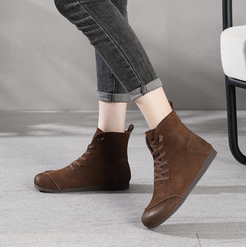 Women's Leather Contrast Panel Ankle Boots - Round-Toe Lace-Up Design