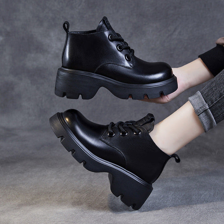 Women's Retro Genuine Leather Platform Lace-Up Chunky Boots