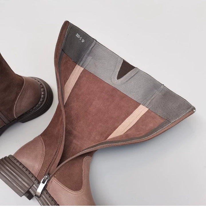 Women's Wide Toe Box Vintage Leather Suede Patchwork Knee-High Boots Wide Fit Flat Riding Boots