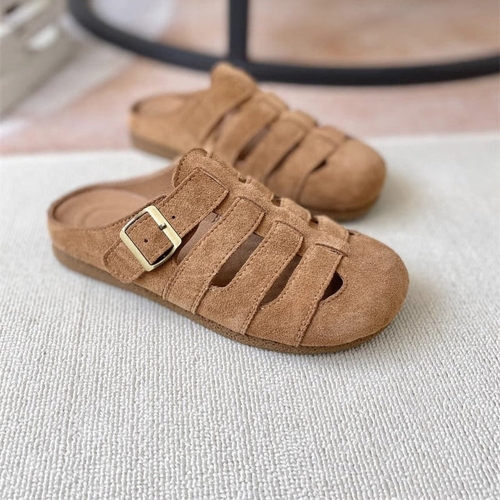 Women's Suede Round Toe Hollowed Out Casual Buckle Mule