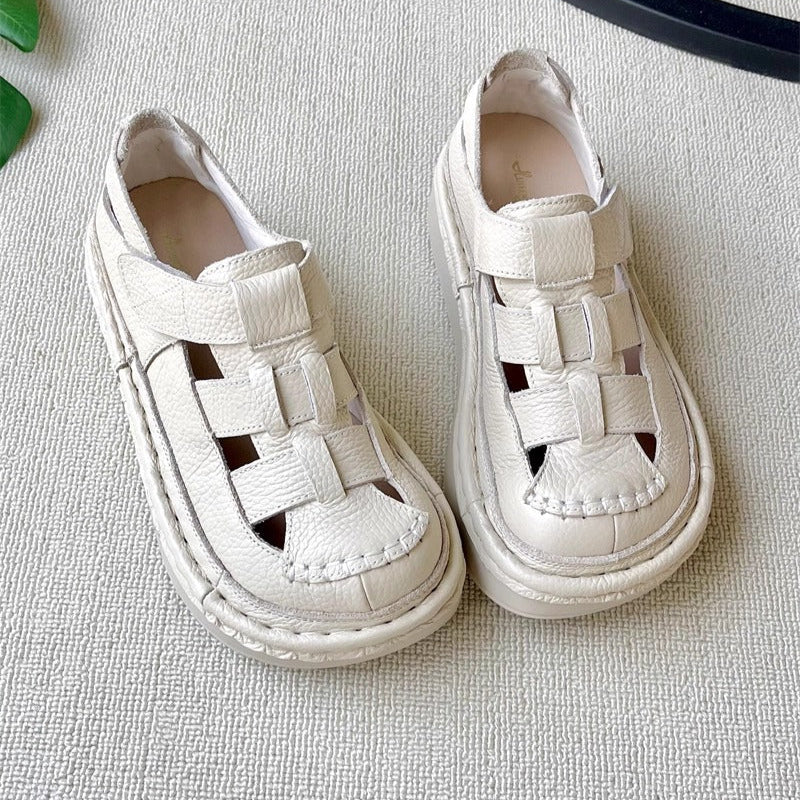 Women's Soft Leather Velcro Closed-Toe Chunky Platform Sandals – Ugly-Cute Style