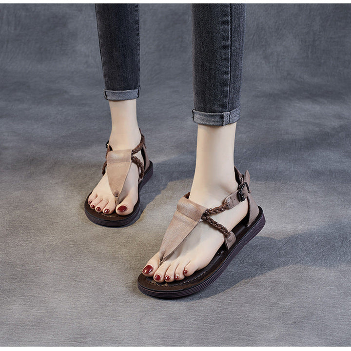 Women's Leather T-Strap Sandals - Vintage Braided Strappy Thong Flat Sandals Summer Buckle Slingback Shoes