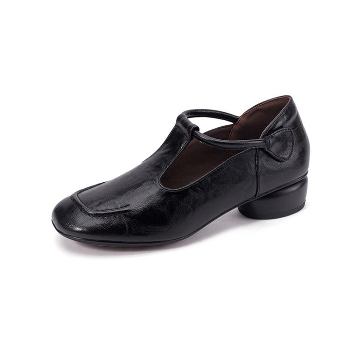 Women's Leather T-Strap Shoes with Block Heel Square Toe — Velcro Fastening, Casual Style