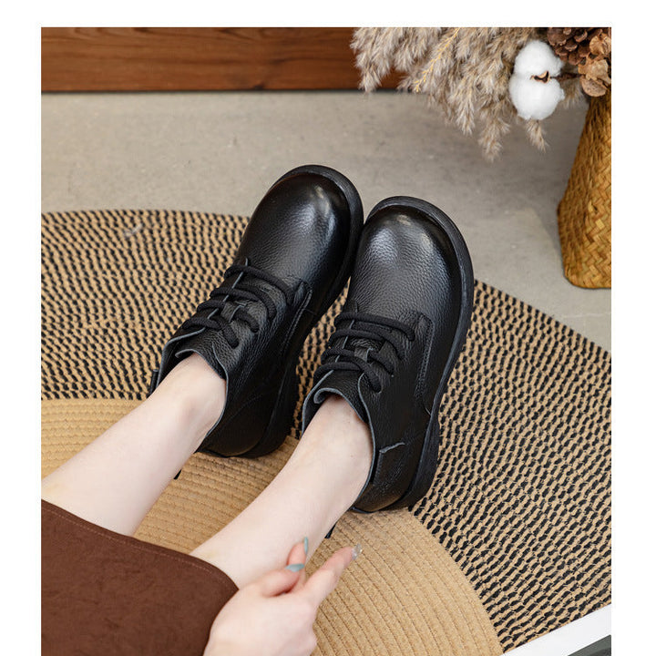 Women's Leather Ankle Boots - Vintage Round Toe Lace-Up Side Zipper Oxford Booties Comfort Walking Shoes
