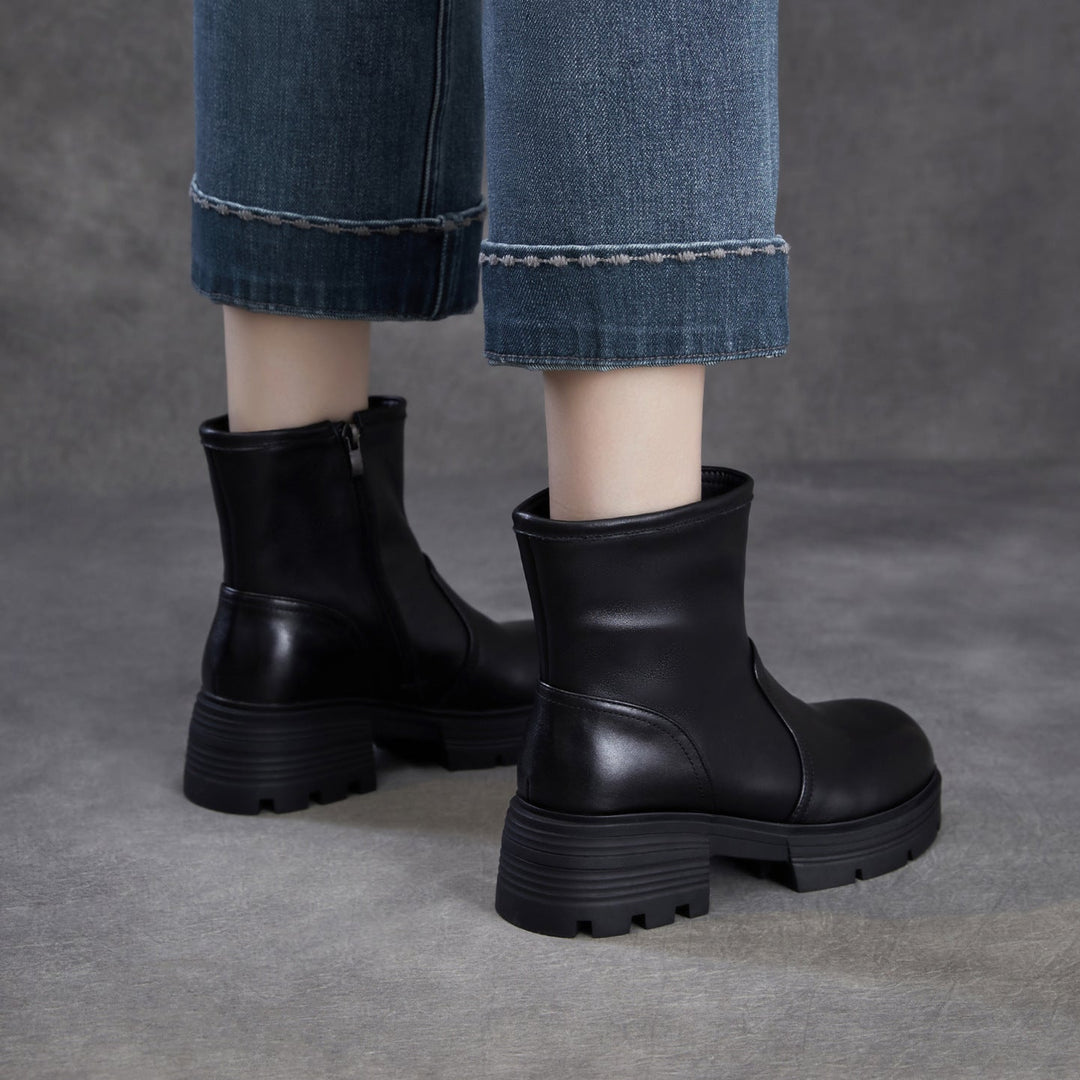 Women's Top-Grain Leather Ankle Boots Chunky Platform Block Heel Side Zipper Booties