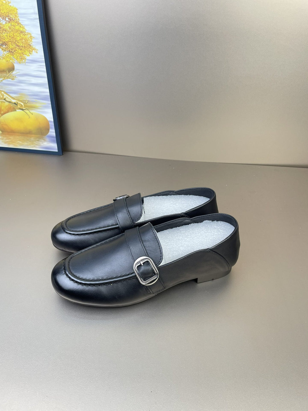 Women's Leather Casual Loafers - Soft Step-Down Back Flat Moccasins with Metal Buckle