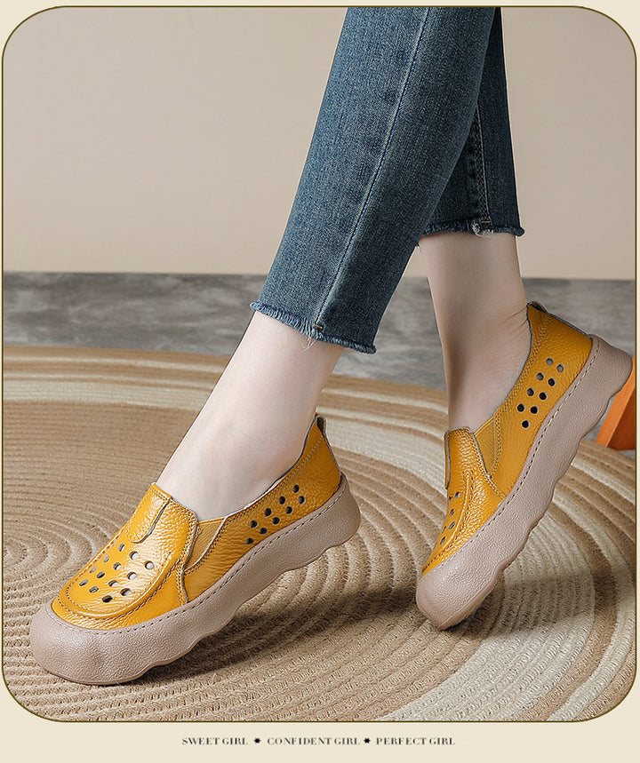 Women's Flats Vintage Hollow-Out Walking Shoes Leather Summer Loafers Retro Slip-On Platform Shoes