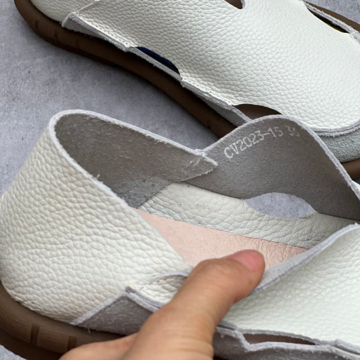 Women's Soft Pebble Grain Leather Loafers - Cut-Out Closed Round Toe Slip-On Flat Sandals Comfort Walking Shoes