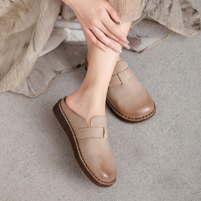 Wide Round Toe Leather Buckle With Decoration Flat Comfort Women's Mule Shoes