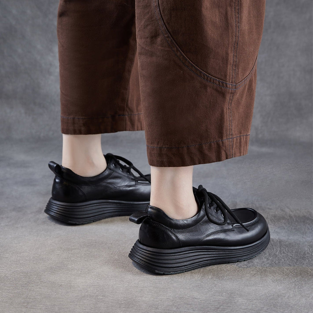 Women’s Leather Lace-Up Platform Wedge Shoes – Retro Non-Slip Casual Style