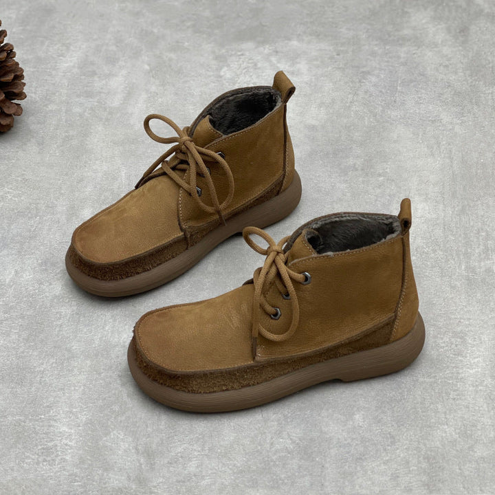 Women's Retro Leather Patchwork Boots – Lace-Up Soft Short Ankle Shoes