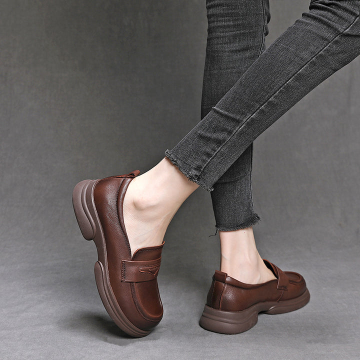 Women's Genuine Leather Penny Loafer Shoes Platform Slip On Round Toe Flats