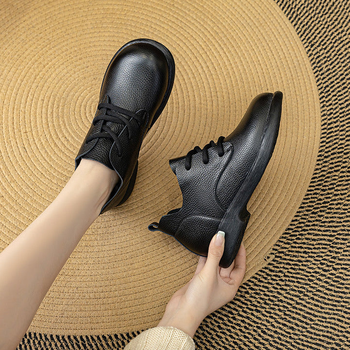 Women's Leather Oxfords - Pebble Grain Textured Round Toe Lace-Up Casual Shoes Comfort Walking Flats