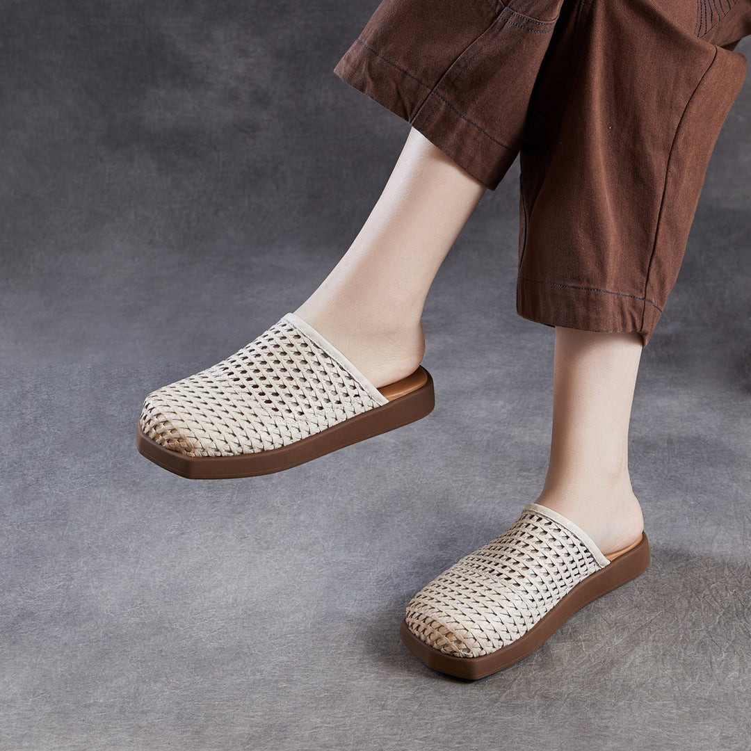 Women's Square Toe Woven Mules Genuine Leather Platform Slippers Barefoot-Friendly