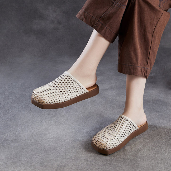 Women's Square Toe Woven Mules Genuine Leather Platform Slippers Barefoot-Friendly