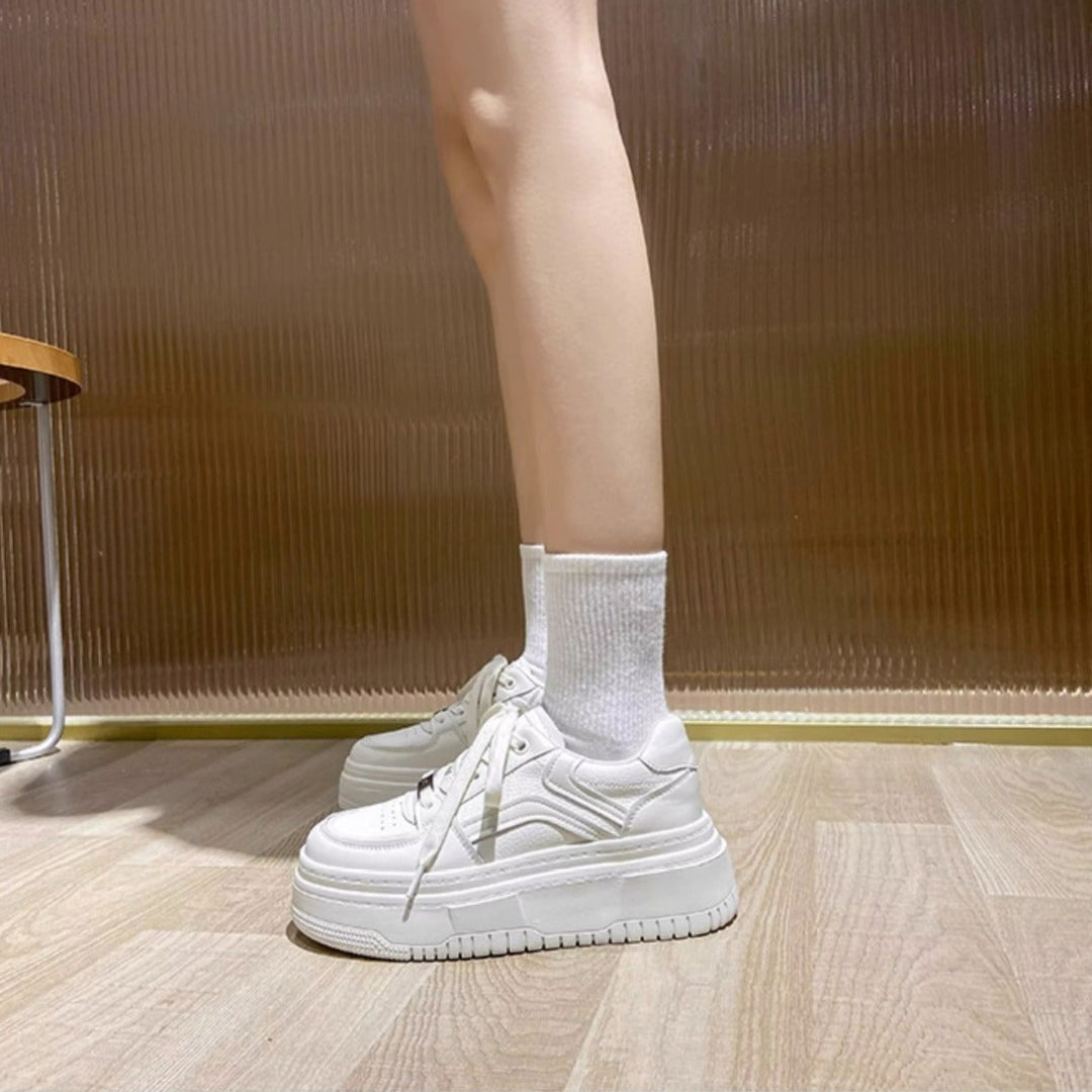 Women's Leather Thick Sole White Lace Up Casual Tennis Shoes