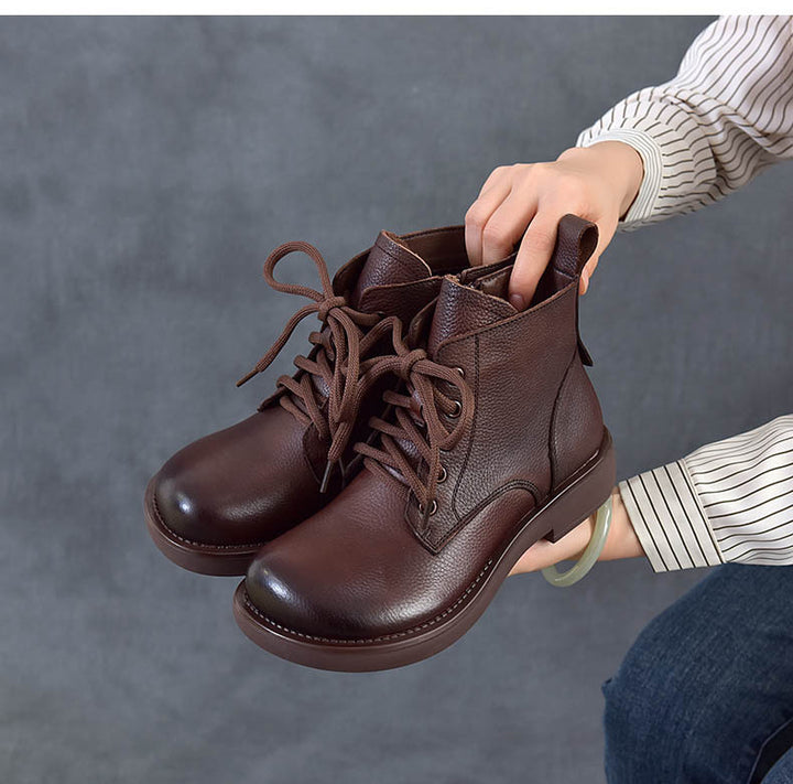 Women's Vintage Leather Ankle Boots Zipper Lace Up Flat Combat Booties