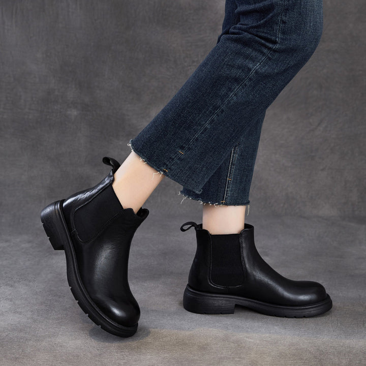 Women's Genuine Leather Chelsea Ankle Boots Vintage Slip-on Low Heel Winter Shoes