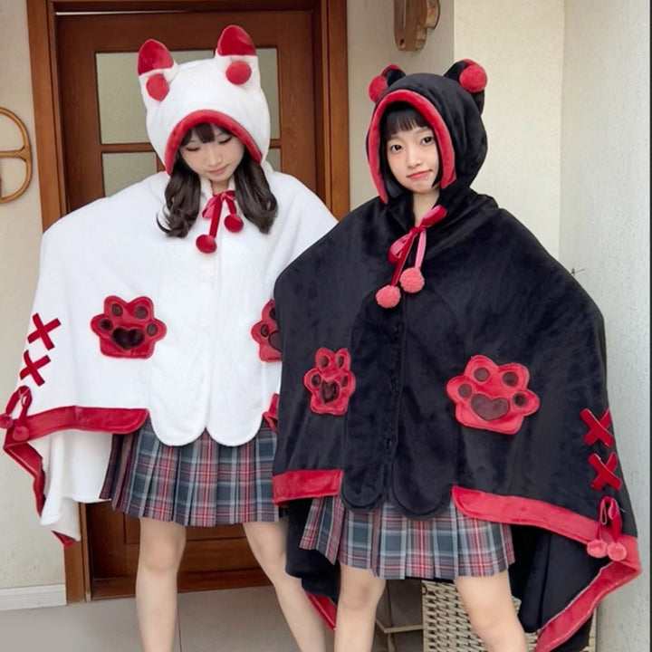 Japanese Kawaii Cartoon Fox Paw Plush Hooded Blanket