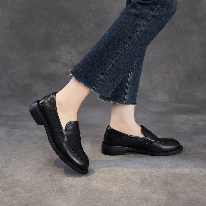 Women's Genuine Leather Penny Loafers Vintage Slip-on Round Toe Low Heel Shoes
