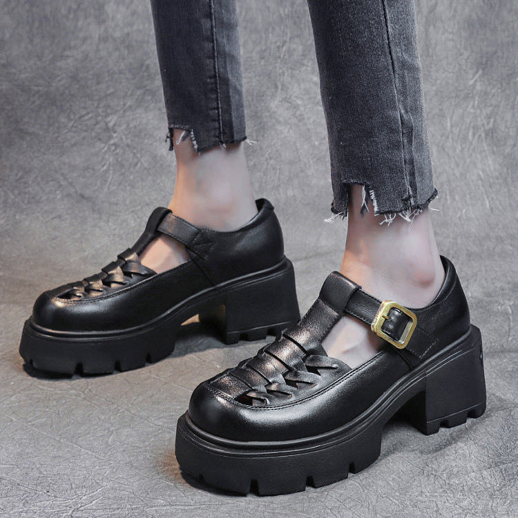 Women's Genuine Leather Fisherman Sandals - Chunky High Heel & Closed Toe Design