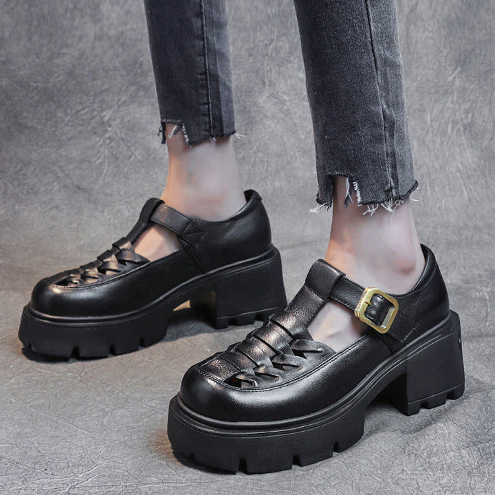 Women's Genuine Leather Fisherman Sandals - Chunky High Heel & Closed Toe Design