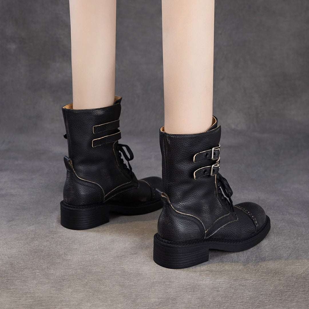 Women‘s Retro Cowhide Mid-Calf Boots Vintage Round Toe Buckle Lace-up Combat Boots
