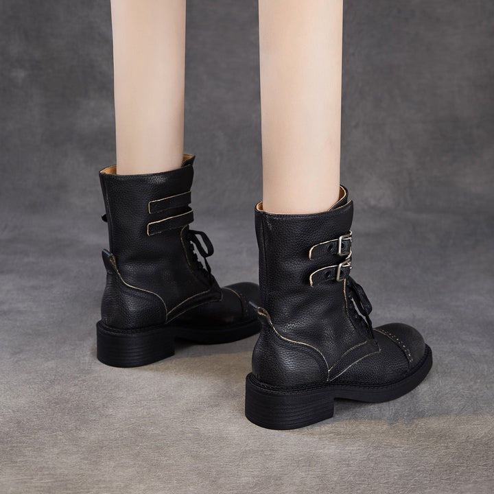 Women‘s Retro Cowhide Mid-Calf Boots Vintage Round Toe Buckle Lace-up Combat Boots