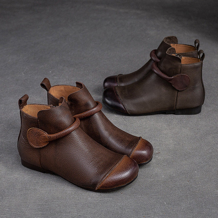 Women's Retro Leather Ankle Boots Vintage Round Toe Velcro Short Booties