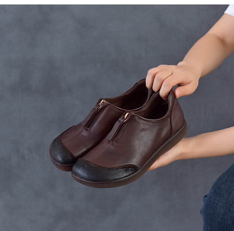 Women's Vintage Leather Slip-On Flats Front Zipper Soft Sole Driving Shoes