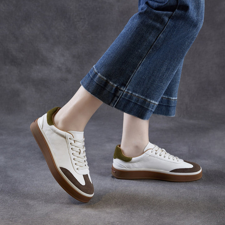 Womens Retro Cowhide Suede Patchwork Sneakers Vintage Round Toe Gum Sole Lace-up Flats