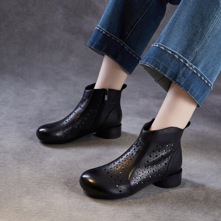 Women’s Summer Breathable Cut-Out Leather Boots – Retro Mid Heel Sandals