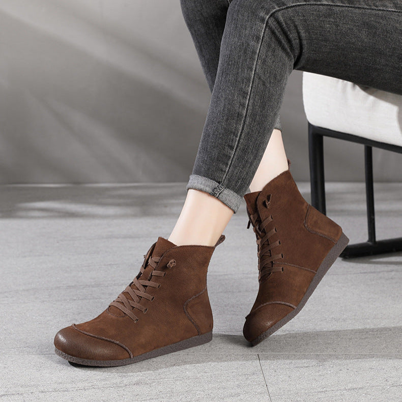 Women's Leather Contrast Panel Ankle Boots - Round-Toe Lace-Up Design