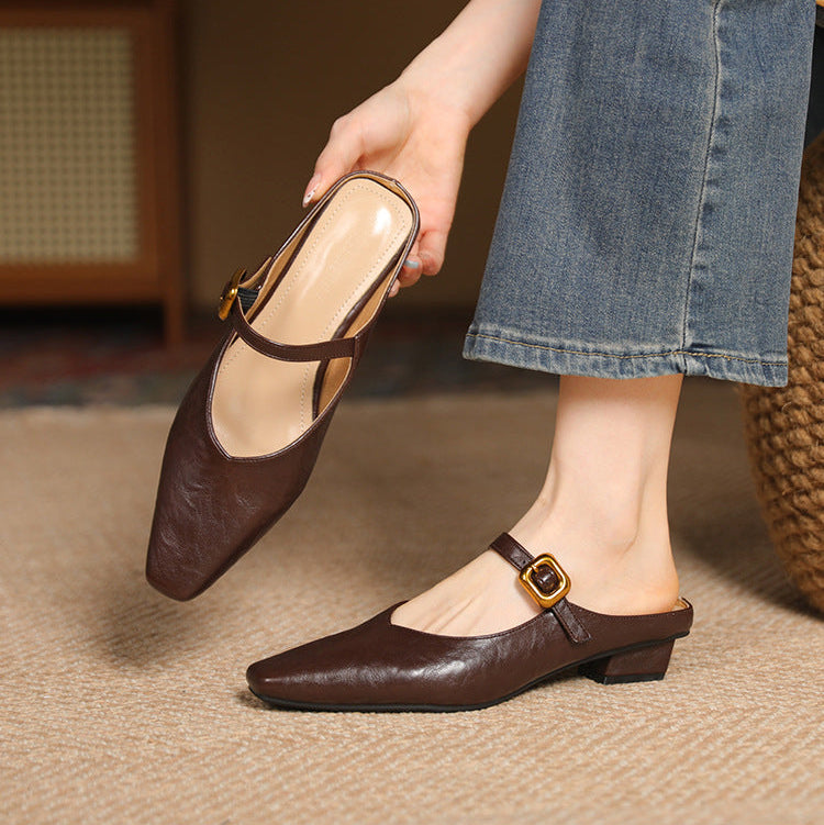 Women's Mary Jane Mules - Square Toe Gold Buckle Low Kitten Heel Slides