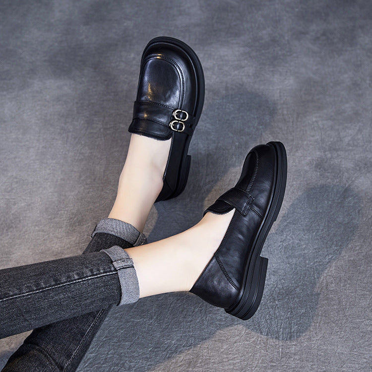 Women’s Leather Slip-On Loafers – Vintage British Low Heel