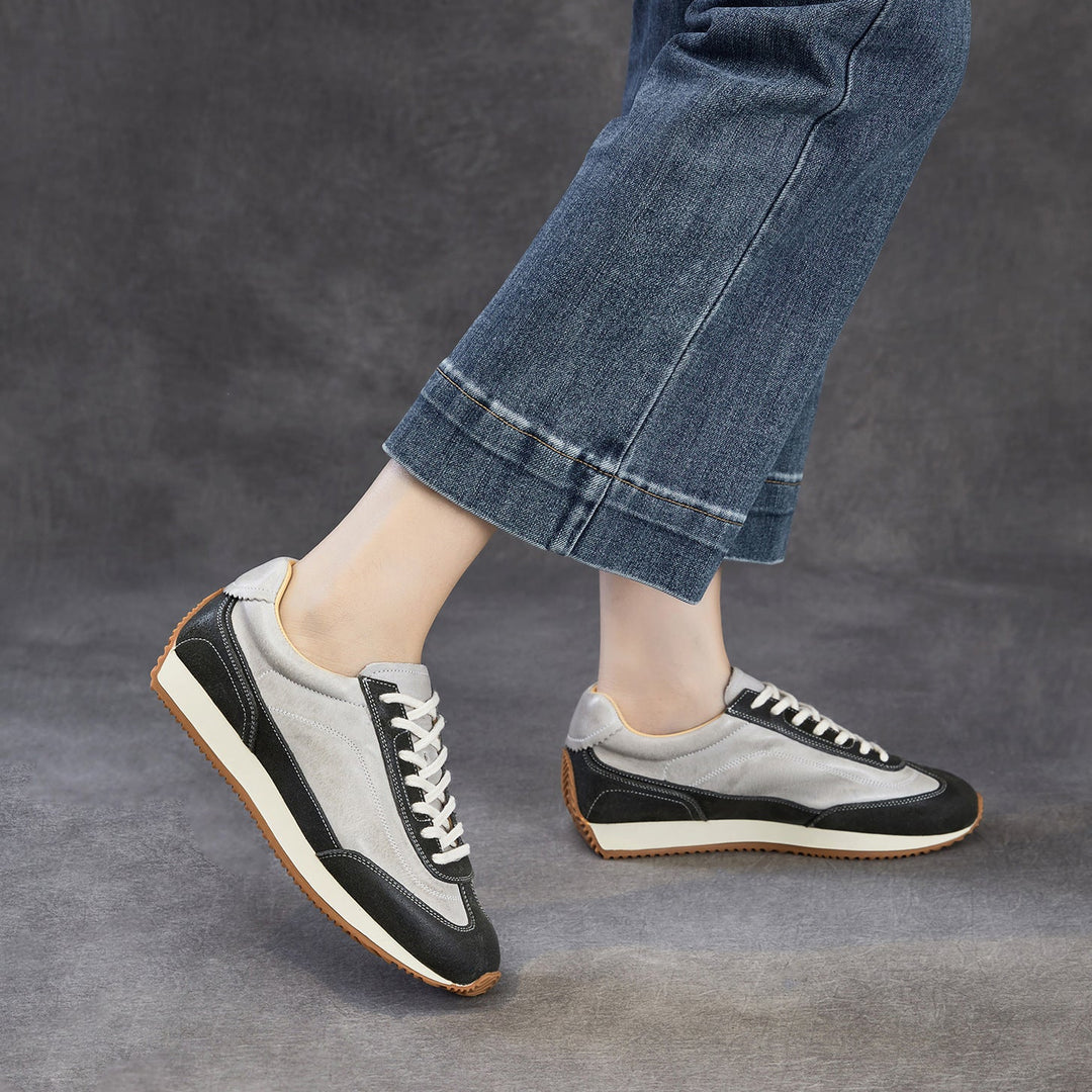 Women's Genuine Leather Hidden Wedge Sneakers Vintage Lace-up Round Toe Casual Shoes