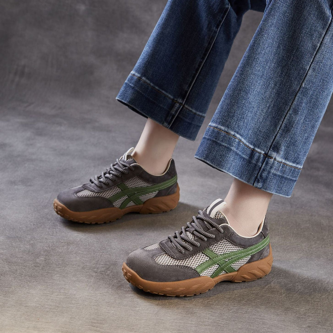 Womens Retro Mesh Running Sneakers Vintage Leather Lace-up Chunky Trainers