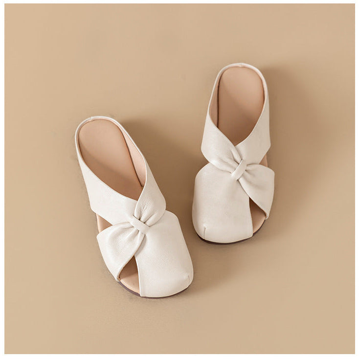 Women's Leather Mules - Closed Round Toe Flat Sandals Casual Slip-On Slides