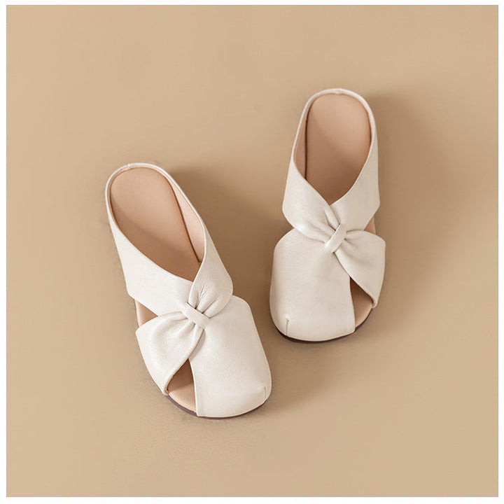 Women's Leather Mules - Closed Round Toe Flat Sandals Casual Slip-On Slides
