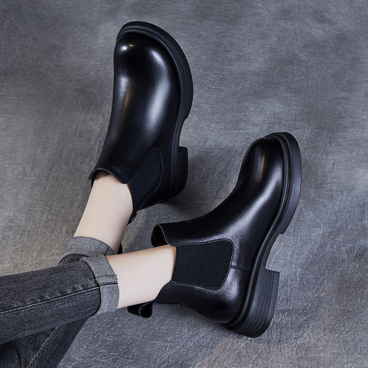 Women's Leather Short Boots – Chelsea Style Chunky Heel Comfort Shoes