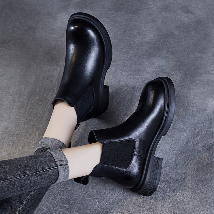 Women's Leather Short Boots – Chelsea Style Chunky Heel Comfort Shoes