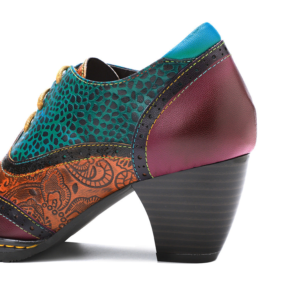 Women's Vintage Patchwork Sheepskin Oxford Pumps Square Toe Lace Up Chunky Heel Shoes
