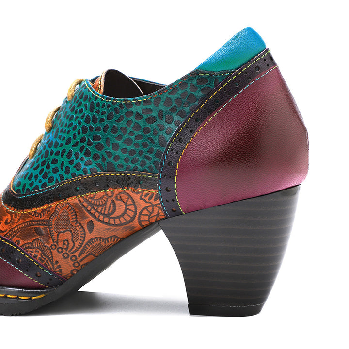 Women's Vintage Patchwork Sheepskin Oxford Pumps Square Toe Lace Up Chunky Heel Shoes