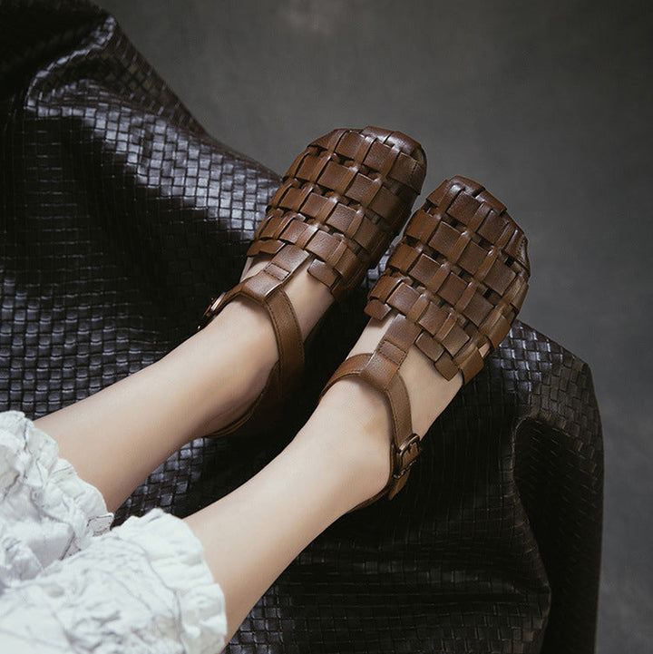 Women's Retro Woven Fisherman Sandals Vintage Leather Velcro Cage Flats