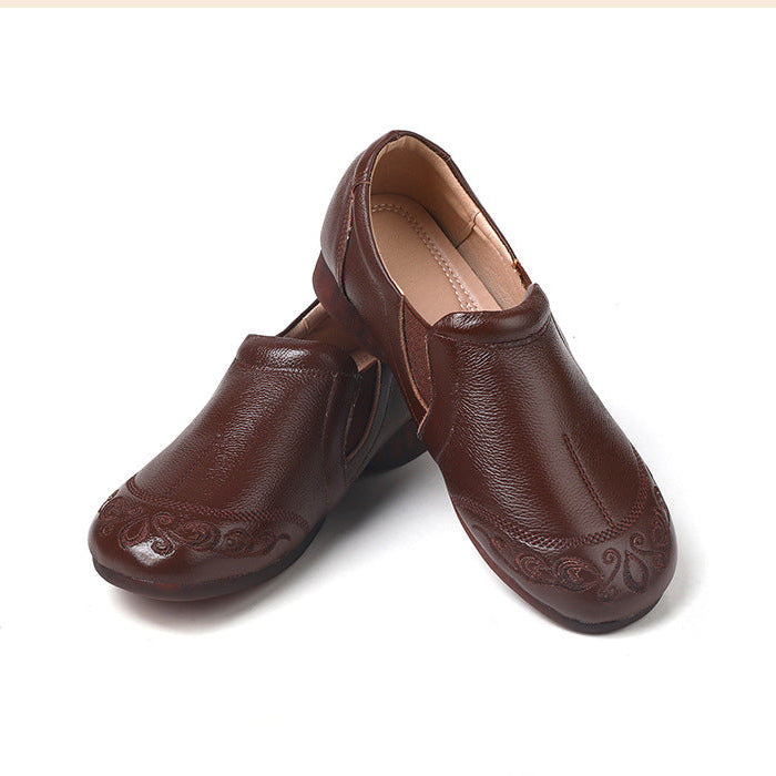 Women's Cowhide Vintage Embroidered Flat Loafers Slip On Walking Shoes