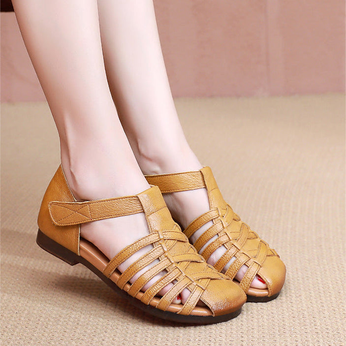 Women's Leather Fisherman Sandals Velcro Woven Summer Hollow-Out Casual Walking Flats