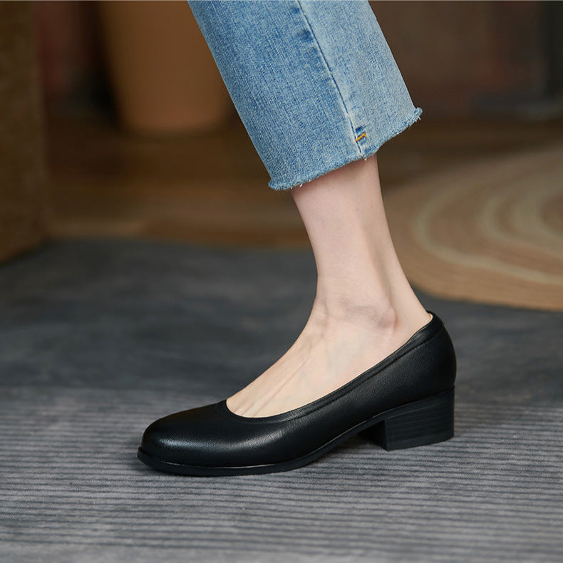 Women's Black Leather Pumps - Low Heel for Office & Business